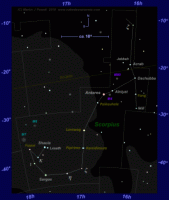 Star map of Scorpius, showing the five stars formally assigned new names by the IAU in 2017 and 2018 (click for full-size image)