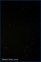 Photograph showing the constellations of Gemini, Orion, Canis Major, Canis Minor and Monoceros, which includes the'Winter Triangle' stars of Sirius, Procyon and Betelgeuse. Click for a full-size version, 418 KB (Copyright Martin J Powell, 2011)