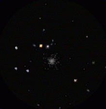 A simulated telescope view of Mars passing the globular cluster NGC 6638 on October 8th 2016. South is up and East to the right; the field of view is about 25 arcminutes (Copyright Martin J Powell, 2015)
